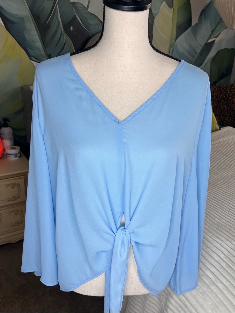 SHEIN Light Blue V-Neck Tie-Front Blouse Angel Sleeve Size 1XL